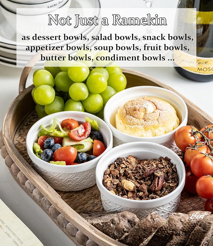 Ceramic Ramekins with Lids Oven Safe Set of 4, Baking Bowls for Dessert, Food Storage Bowls with Airtight Lids, Meal Prep Containers, Lunch Office Meal for Microwave and Freezer, White Ripple