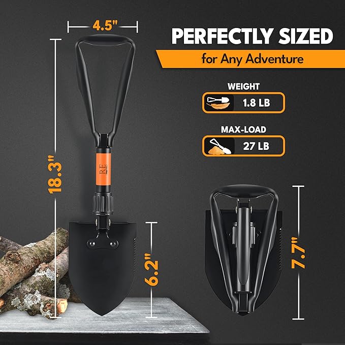 Folding Shovel, 18" Survival Shovel, Backpack Hiking Shovel, Military Grade Carbon Steel with Saw Edge, Collapsible with Carry Case
