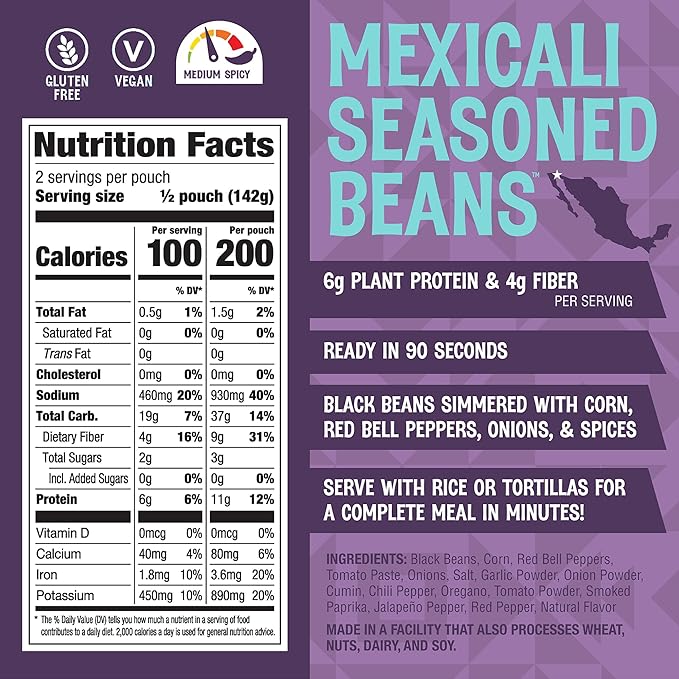 The Good Bean Heat and Eat Microwaveable Pouch - Mexicali Seasoned Beans - (4 Pack) 10 oz Pouch - Simmered Black Beans with Corn