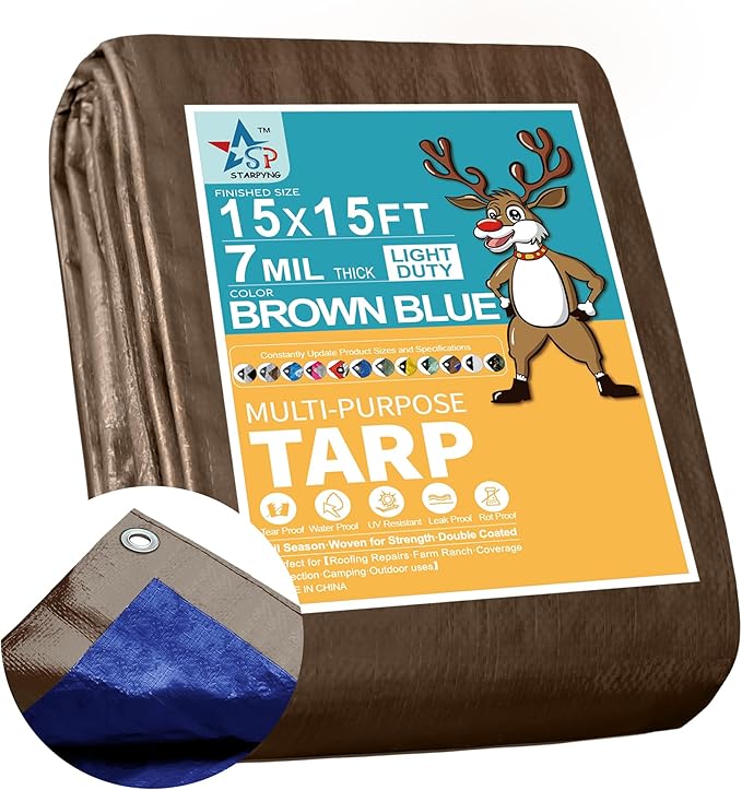 STARPYNG-7 Mil Brown/Blue 15x15 Feet Tarp-Multifunctional Waterproof Tarpaulin-Waterproof, UV Resistant, Rip and Tear Resistant, Poly Tarpaulin with Reinforced Edges for Cover