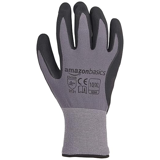 Amazon Basics Micro-Foam Nitrile Coated Work Gloves, Nylon Liner Fiber, Touch Screen, Grey, Size 10/XL, 12-Pair