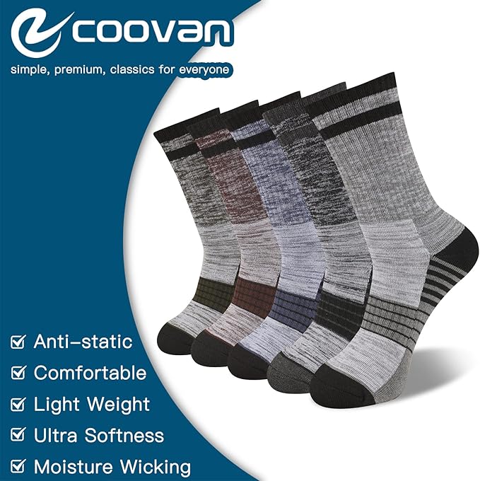 COOVAN Mens Hiking Crew Socks 5 Pairs Moisture Wicking Cushioned Athletic Boot Outdoor Socks