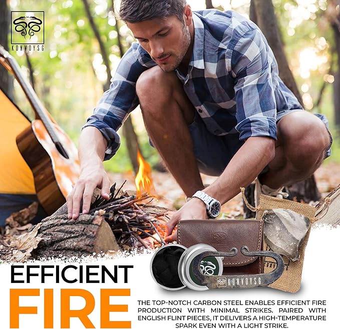 Carbon Steel Fire Striker, English Flint Stone & Char Cloth Traditional Hand Forged Fire Starter, Leather Gift Kit with Emergency Tinder Jute Bag