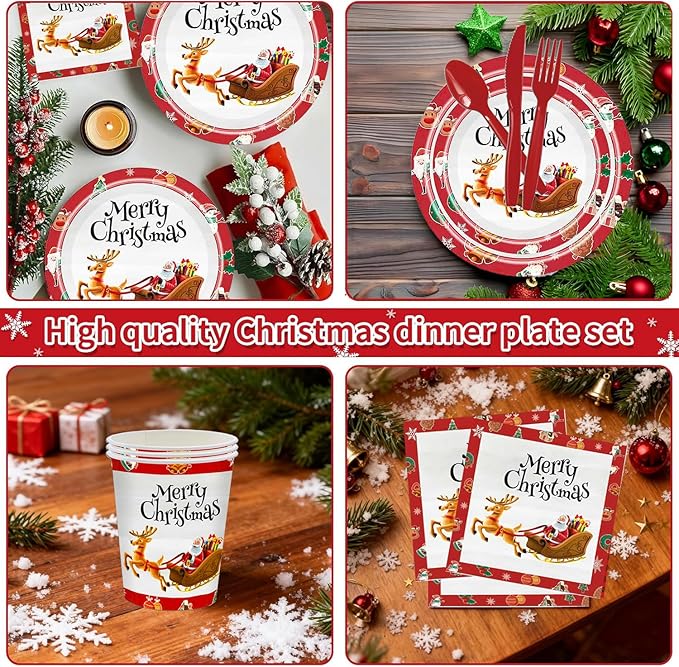 (25 Guests) 175pcs Christmas Plates and Napkins, Knives, Forks, Spoons, Cups, Disposable Dinnerware Set Paper Plates with Silverware for Christmas New Year Thanksgiving Party