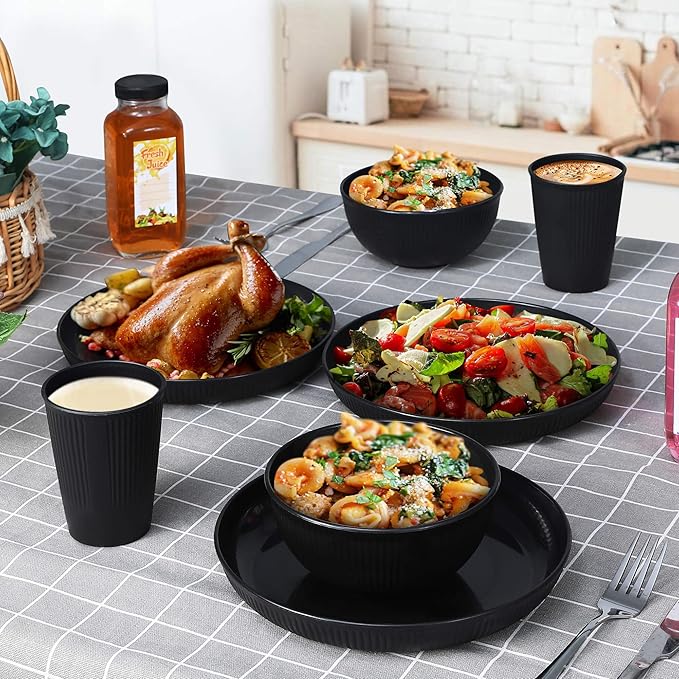 Wheat Straw Dinnerware Sets, Kitchen Unbreakable Wheat Straw Plates and Bowls Sets for College Dorm Apartment Reusable Black