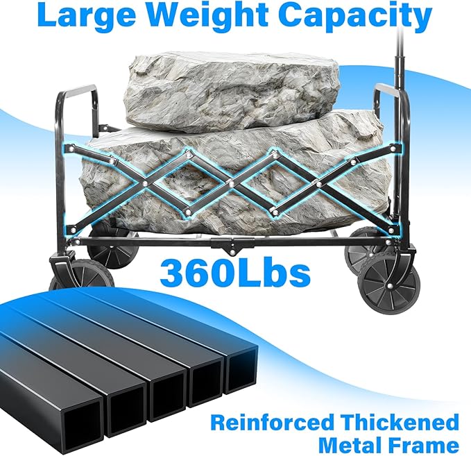 Wagons Carts Foldable, Collapsible Wagon Cart with Wheels - Beach Wagon Cart with Wheels for Sand Sports Camping Grocery, Black