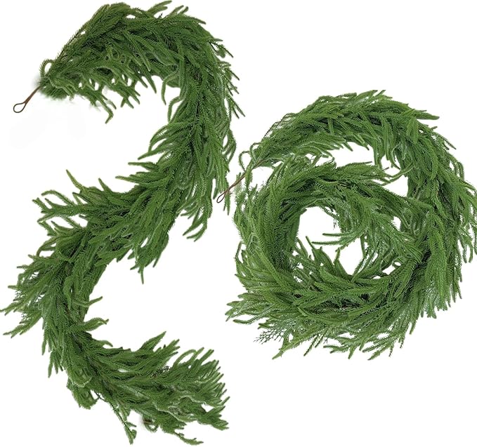 12FT(2 * 6FT) Artificial Norfolk Pine Garland Real Touch Winter Pine Christmas Garland Faux Evergreen Greenery Garland for Fireplace Mantel, Table, Door Decor - Indoor/Outdoor Holiday Decoration