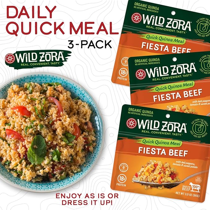 Wild Zora Instant Organic Quinoa Meals - Quick & Tasty Prepared Quinoa Bowls, Pantry Staples Gluten-Free Meal with Lentils Plus 10g Olive Oil Packet - Fiesta Beef (3-Pack)