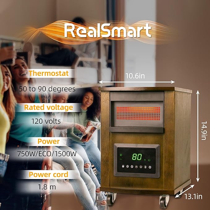 1500W Realsmart Space Infrared Heater for Indoor Use Large room Electric Quartz Heater with Remote Control Wheels LCD Display 3 Heating Modes 12H Timer Overheat Tip Over Protection Safe