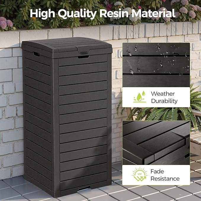 38 Gallon Outdoor Trash Can Waterproof Resin Garbage Can with Tiered Lid & Drip Tray Indoor and Outdoor Use Trash Bin for Patio Kitchen, Backyard & Deck, Black