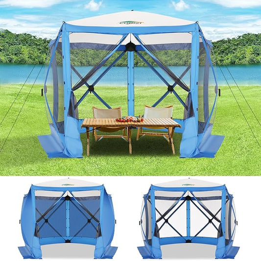 COBIZI 10x10 Pop up Gazebo Screen House Tent for Camping, Pop-up Camping Canopy with Sidewalls,Portable Outdoor Quick-Set Hub Tent with Carrying Bag&Ground Stakes,Blue(Upgraded 2.0)