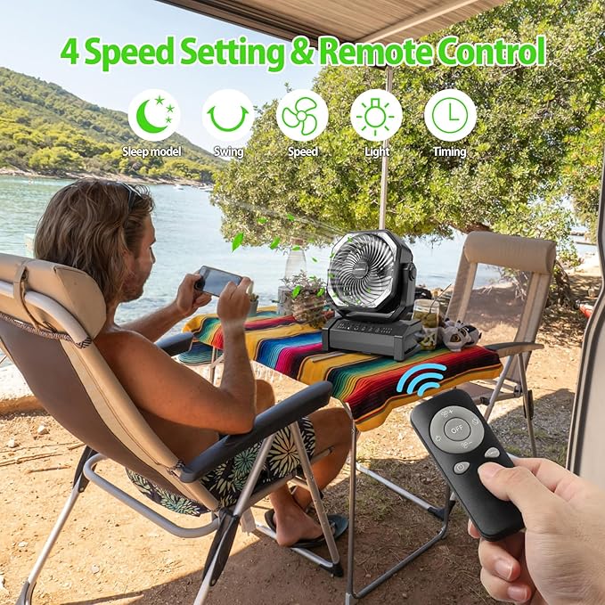 20000mAh Rechargeable Camping Fan - Battery Operated Fan with Light & Remote, Auto Oscillating, 4 Timer, 60 Hrs Work Cordless Tent Fan for Travel Outdoor RV Garage Power Outage Emergency