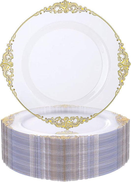 Nervure 100PCS Clear and Gold Plastic Plates - 10.25Inch Gold Disposable Plates - Heavyweight Dinner Plate for Wedding & Party & Thanksgiving