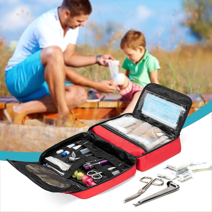 Trunab Portable First Aid Bag Empty, Medical Supplies Bag with 2 Inner Flap, Emergency Trauma Bag for Accessories, Red