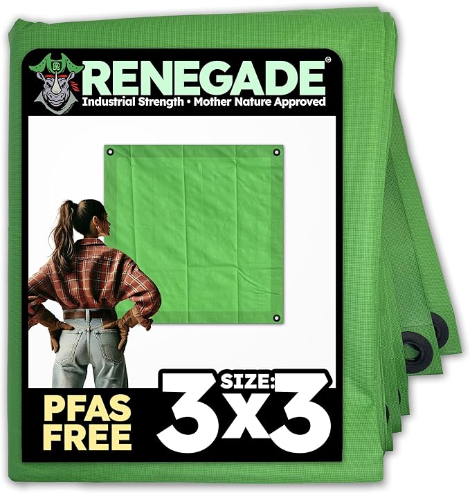RENEGADE Industrial Tarp 3x3 ft Green – 6X Stronger, Waterproof, UV-Resistant, PFAS-Free – Heavy Duty Tarpaulin Cover for Camping, Construction, Gardening, Car & Equipment Protection