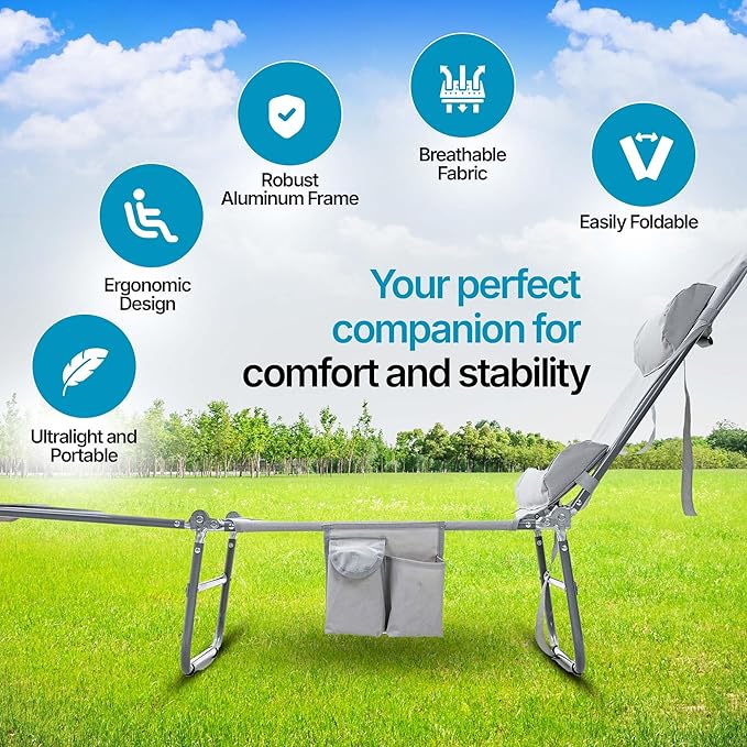 NIXSCALINO Lounge Chair | Adjustable Recliner with Foldable Leg Part | Lightweight Aluminum Frame | Ergonomic Cushioning | cot for Camp | Perfectly Suite for Beach, Outdoor Camping