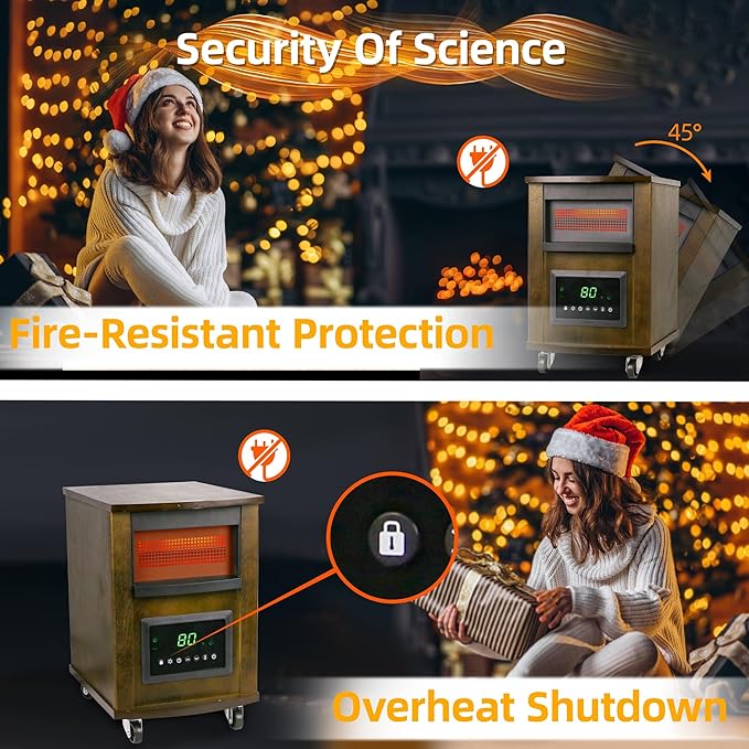 1500W Realsmart Space Infrared Heater for Indoor Use Large room Electric Quartz Heater with Remote Control Wheels LCD Display 3 Heating Modes 12H Timer Overheat Tip Over Protection Safe