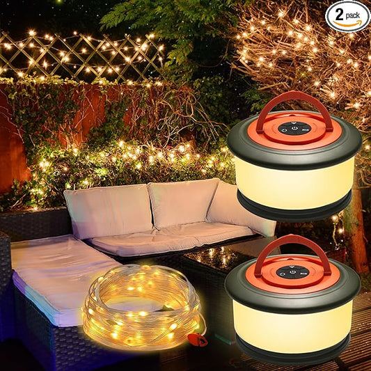 2 Pack Camping Lights String - 2 in 1 Upgraded 32.8ft Rechargeable 19 Lighting Modes Tent Lights for Camping, Quick Storage&Portable LED Lamp for Outdoor Patio Awning Garden Party Decor Essentials
