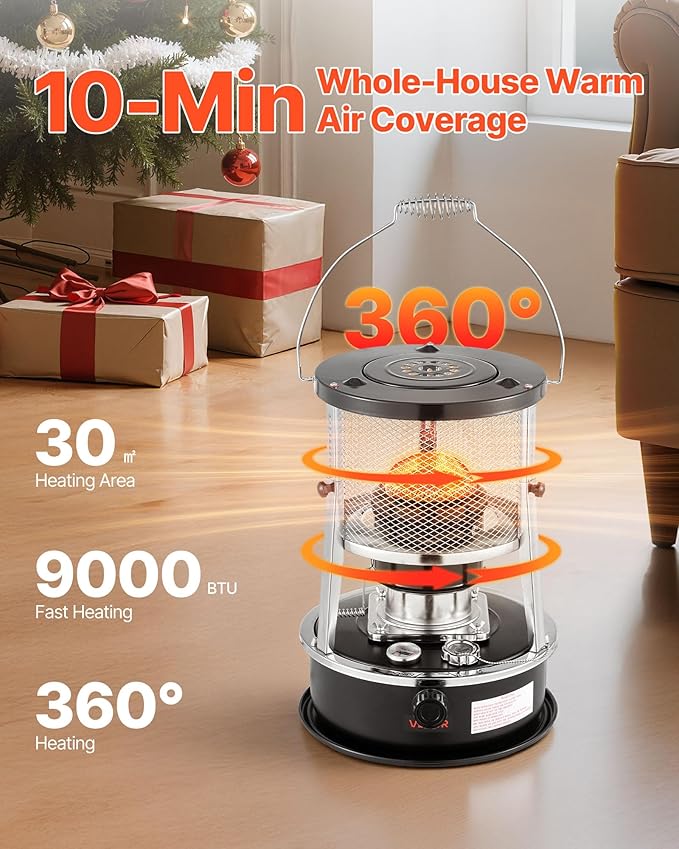 VEVOR 9000 BTU Portable Kerosene Heater & Stove, 2 in 1 Non-Electric Indoor Outdoor Heater with Adjustable Height & Flame & Easy Storage,for Camping, Hunting, Cooking, Home, Garage, Black