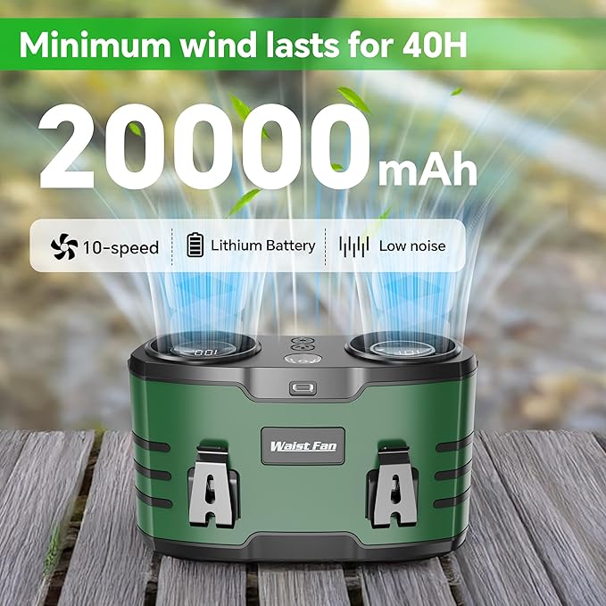 Waist Fan, Portable Wearable Belt Personal Fan Lightweight 20000mAh Up to 40H Work Time LED Light 10 Speeds Dual Brushless Motor One-Button Shutdown Hands Free for Fishing Hiking Camping Traveling