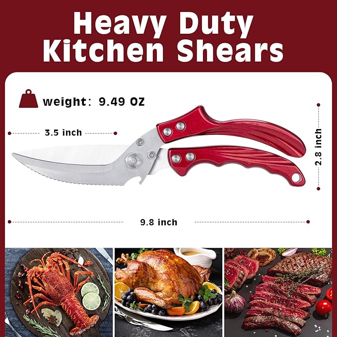 Kitchen Shears Kitchen Scissors for Food - Heavy Duty Stainless Steel Poultry Shears for Chicken, Bone, Meat, Turkey, Fish,Multi Purpose Scissor for Cutting Cooking, Dishwasher Safe (Red)