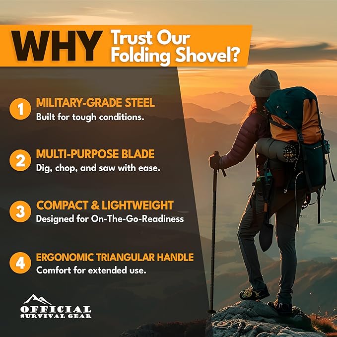 Folding Shovel, 18" Survival Shovel, Backpack Hiking Shovel, Military Grade Carbon Steel with Saw Edge, Collapsible with Carry Case