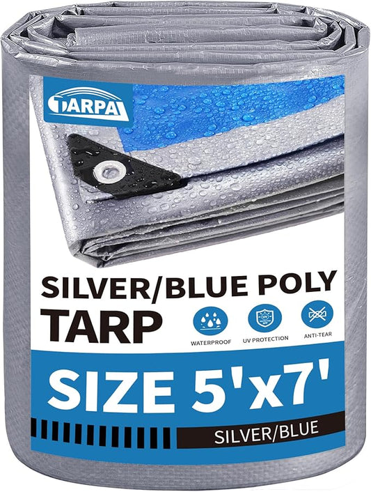 TARPAL Tarp 5x7 Feet Tarp Waterproof Small tarp 7.5mil Waterproof tarps for Outdoors,UV Protection,Rip and Tear Proof,Poly Tarpaulin(Silver/Blue)