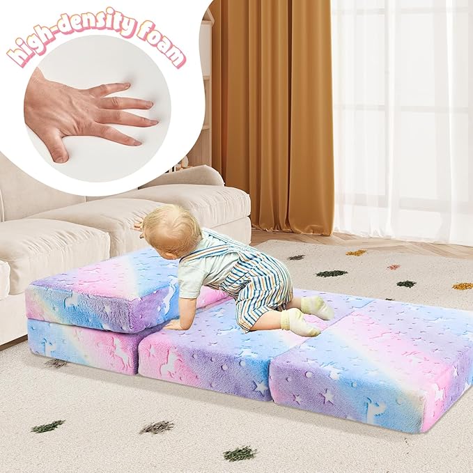 MeMoreCool Foldable Floor Mattress for Kids, Glow Toddler Nap Mat for Sleeping and Daycare, Portable Trifold Futon Mattress Floor Bed, Rainbow Unicorn