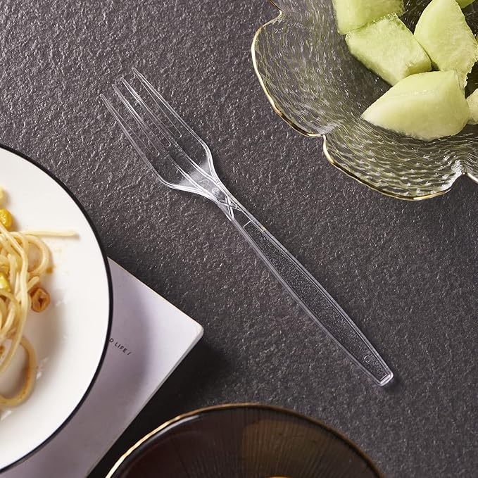 300 Crystal Clear Plastic Forks Heavy Duty Silverware Set Disposable Cutlery Fancy Serving Utensils Elegant Flatware Bulk Premium Tableware Sturdy Plasticware Party Dinner Holiday Serving Supplies