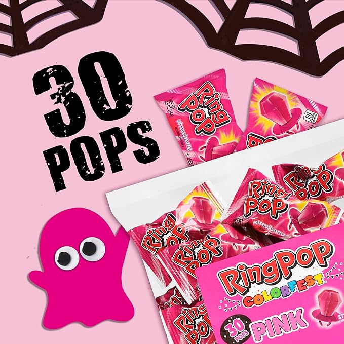 Ring Pop Individually Wrapped Pink Halloween Candy, Strawberry 30 Ct Lollipop Bulk, Lollipop Suckers for Kids, Fun Candy Bulk for Gender Reveal, Trick or Treat, Halloween Bowls, Gifts, Party Favors