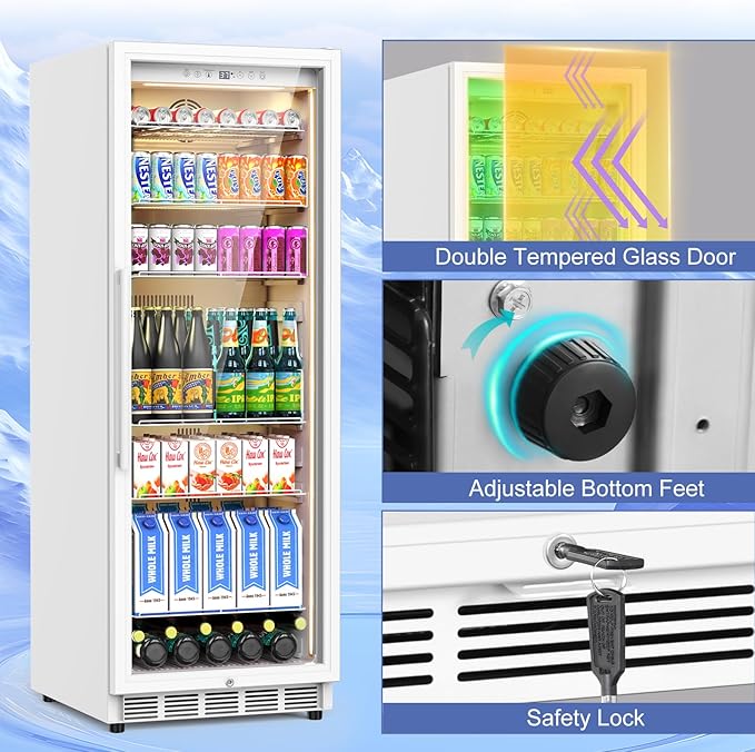 Commercial Display Refrigerator with Glass Door, Upright Beverage Cooler Merchandiser with Reversible Door, Drink Fridge with Door Lock for Restaurant Supermarket Convenience Store, 13.8 Cu.Ft