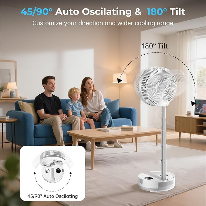 40000mAh Battery Operated Fan, Rechargeable Collapsible Fan, 106H Run, 9 Speeds Oscillating with Remote, Battery Powered with Timer & Light for Travel Cruise Essentials RV Outdoor Power Outage