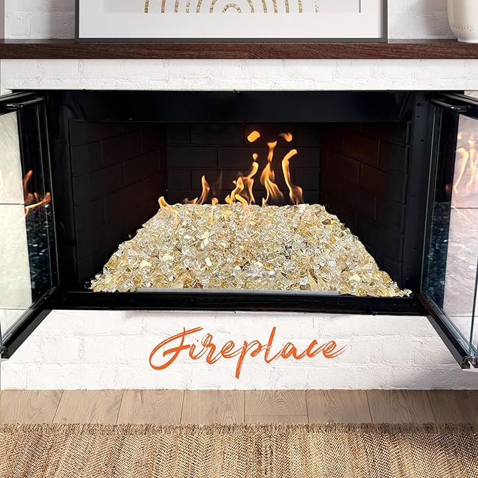 20 Pounds Fire Glass 1/2 Inch High Reflective Tempered Firepit Glass Rocks for Fireplace, Fire Pit Table, Fire Bowl and Landscaping (Gold)