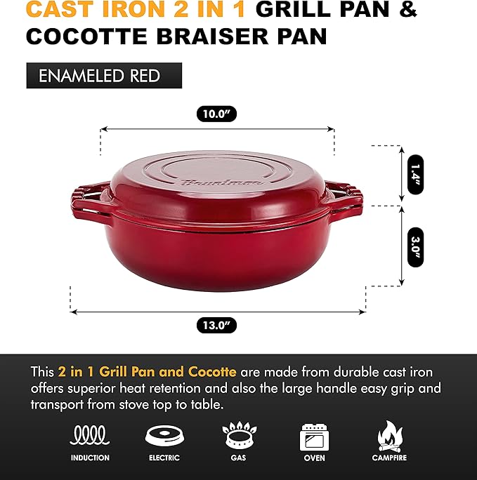 Bruntmor 2-in-1 Pre-Seasoned Cast Iron Pan |Cocotte Double Braiser Pan with Grill Lid 3.3 Quarts - Barbecue Grill Non Stick Frying Pan - Nonstick Cookware Set with Wide Handle (Red)