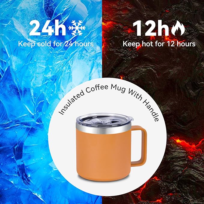 VEGOND 14 oz Insulated Coffee Mug Bulk with Handle, Stainless Steel Travel Coffee Mug with Lid, Double Wall Vacuum Metal Coffee Cup, Coffee Tumbler Powder Coated, Orange 4 Pack