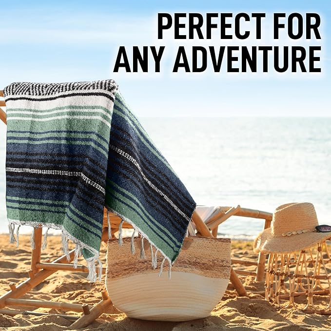 Authentic Large Handwoven Mexican Blanket - Soft Yoga- Durable Serape- Lightweight Falsa, Beach, Camping, Picnic, Outdoor Blanket 70"x50" - Arctic
