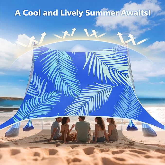 2PM SPORTS Beach Tent Canopy with UPF50+ UV Protection, Outdoor Large Beach Sun Shade Shelter for Family Picnic Camping Travel Shore Fishing, 8 Sandbags, Sand Shovel (Areca Palm, 8x8 FT)