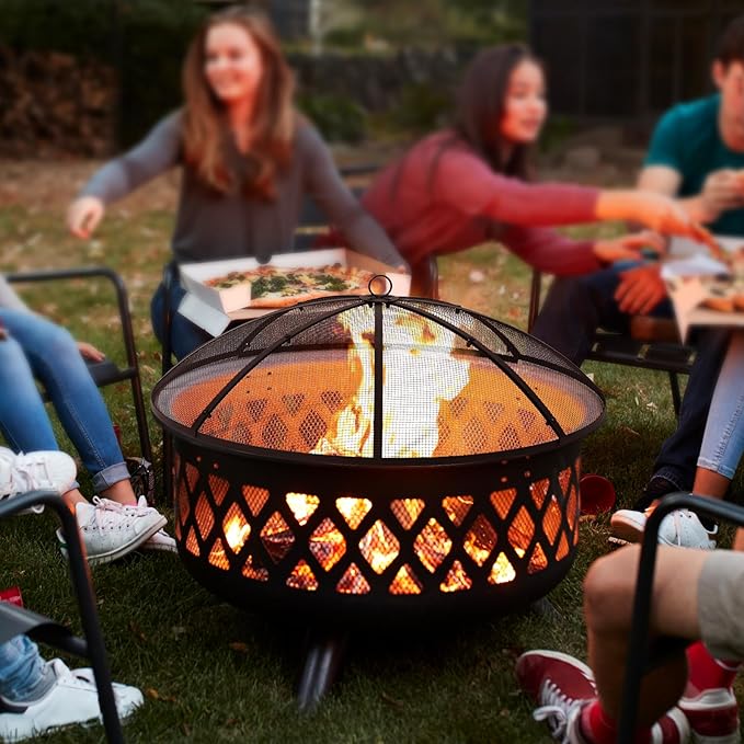 Lineslife Fire Pit Screen 36 Inch Round, Heavy Duty fire pit spark screen with Handle & Poker, Outdoor Firepit Screen Mesh Cover, Collapsible Metal Fire Pit Lid Top for Patio Backyard Beach RV Camping