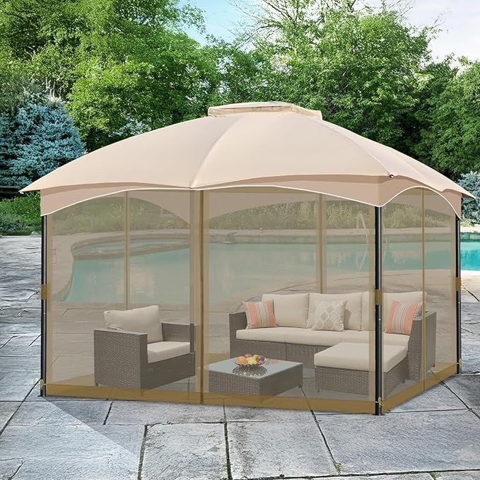 COWVIE Gazebo Replacement Netting Screen, 12' x 14' Universal Gazebo 4-Panel Mosquito Sidewalls with Double Zippers for Outdoor Patio (Only Netting)