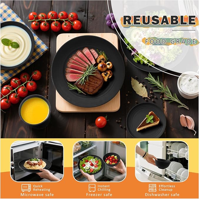 Wheat Straw Dinnerware Sets for 8, 32 Piece Unbreakable Plates and Bowls Sets, Alternative Plastic Dinnerware Set for Kitchen Outdoor and Apartment Dinning Essentials - Black