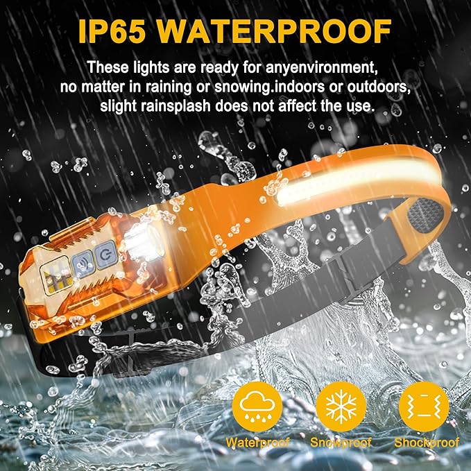 2-in-1 LED Headlamp Rechargeable, Sensing COB Headlamp Flashlight, IP65 Waterproof Magnetic 9 Modes Head Light for Adults Night Running Camping, Fishing, Hiking, Repair and Gift (Orange)