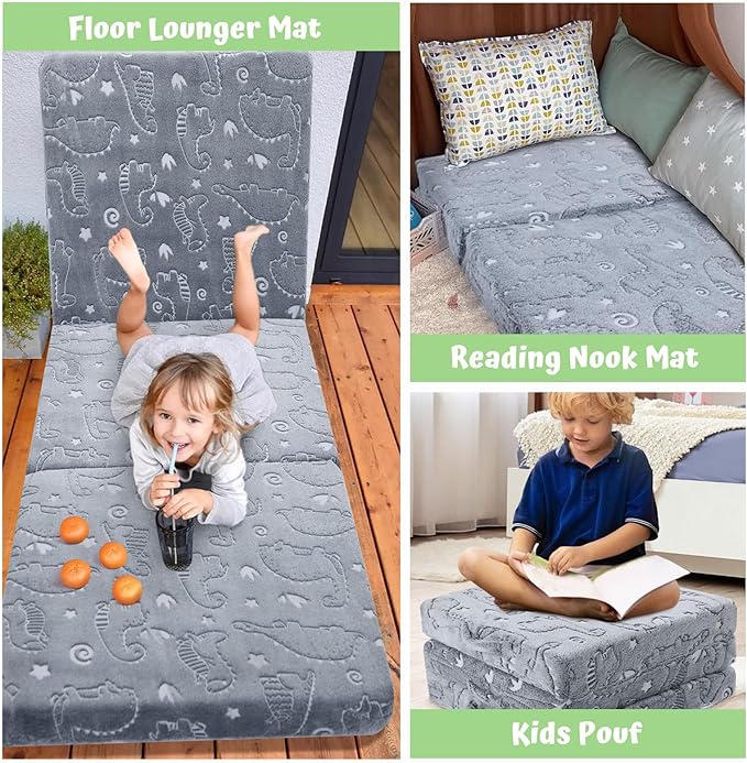 MeMoreCool Glow Dinosaur Foldable Floor Mattress for Kids, Trifold Nap Mat for Toddlers, Portable Daycare Sleeping Futon or Floor Bed, 75x25 Inch