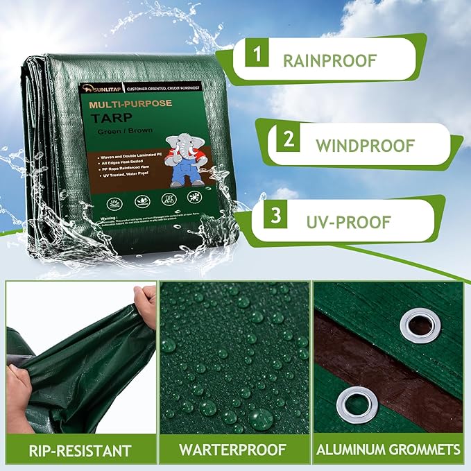 20x30Ft Tarp Cover 5 MIL Waterproof Poly Tarps, Light Duty Tarpaulin with Grommets, Reinforced Edges, Rip & Tear Proof, Multipurpose Finished Size Tarp for Cars, Boat, Roof, Camping - Green