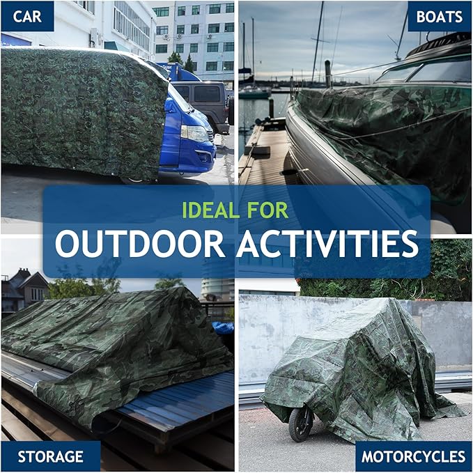 Camouflage Tarp 6x8Ft Waterproof Tarps with Grommets, Multipurpose Finished Size Tarps for Indoor and Outdoor Use, 5 MIL Light Duty Tarpaulin for Car, Camping, Boat, Roof, Protective Cover