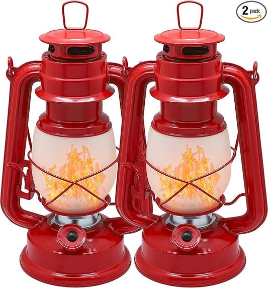 YAKii LED Vintage Flame Lantern Metal Outdoor Hanging Lantern with Dancing Flame Battery Operated Halloween Outdoor Indoor Decoration(Red Pack of 2)