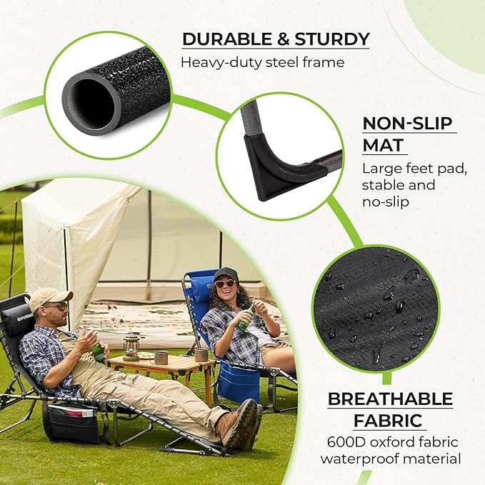 FUNDANGO Folding Chaise Lounge Chair Outdoor, 5 Positions Foldable Tanning Chairs with Side Table & Pillow for Outside Sunbathing Pool Camping Patio Lawn (Black)