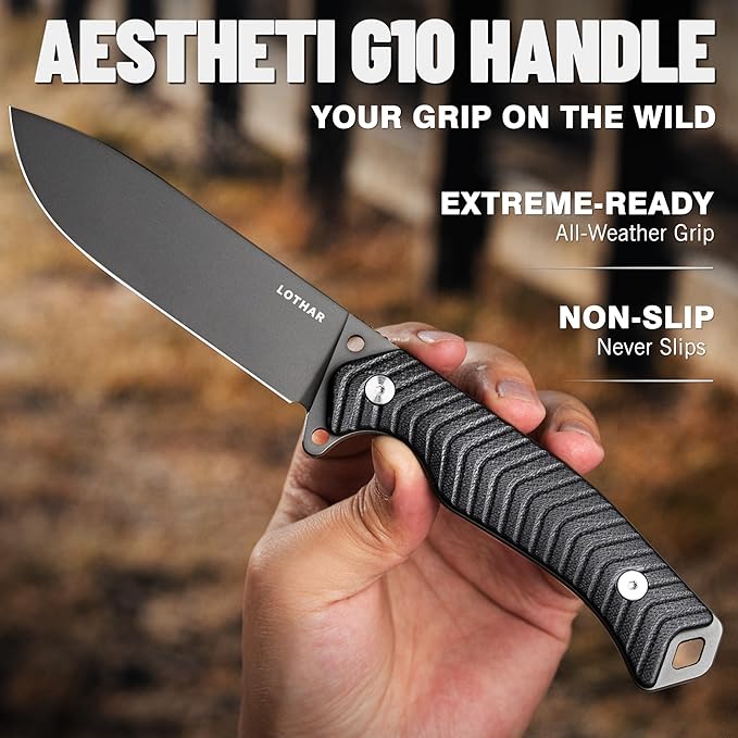 LOTHAR BAT Survival Knife, Full Tang D2 Steel Fixed Blade Knife with G10 Handle, Tactical Hunting Horizontal Carry Knives with Kydex Sheath, Bushcraft Camping Knives, Gifts For Men