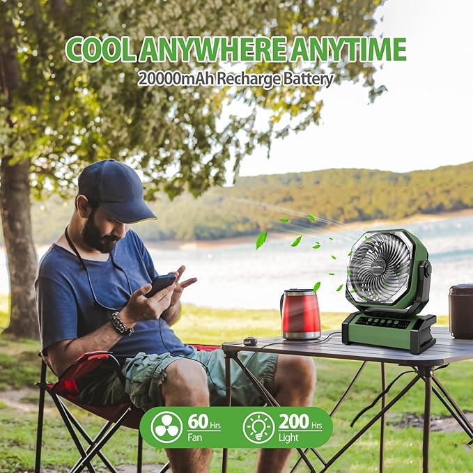 20000mAh Rechargeable Camping Fan - Battery Operated Fan with Light & Remote, Auto Oscillating, 4 Timer, 60 Hrs Work Cordless Tent Fan for Travel Outdoor RV Garage Power Outage Emergency