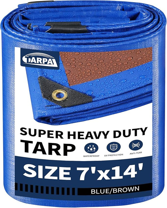 TARPAL 7x14ft Waterproof Small Tarp 16Mil Heavy Duty tarp with Metal Grommets Every 17.7" Multipurpose Tear-Resistant UV Protection Cover for Roof,Pool,Car,Firewood,Outdoor Furniture (Blue/Brown)