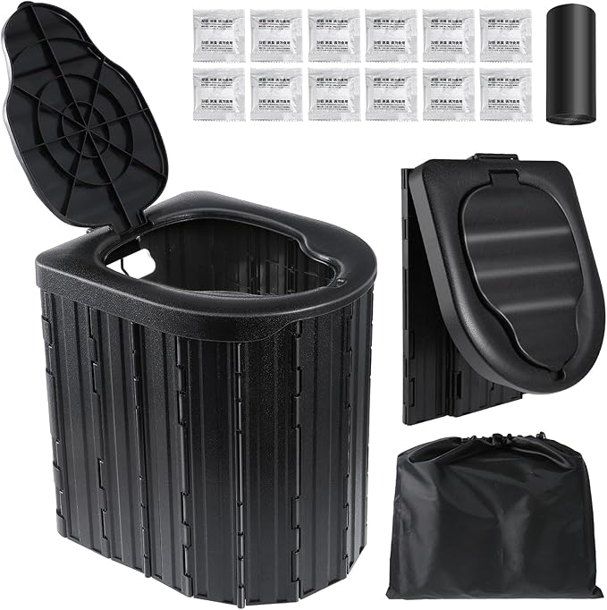 Portable Toilet for Adults, Foldable Plastic Toilet, with Lid and Paper Holder Travel Porta Potty for Adults Camping, Hiking, RV, Fishing, Beach, Road Trip, Truck, Hunting (black-15.7''H)